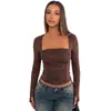 Camiseta Europea de Manga Larga Ajustada con Fruncidos para Mujer 2026 Nueva Llegada Favorecedora Top Chica Picante Cuello Cuadrado Camiseta Base Ajustada para Mujer