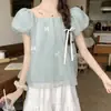 Blusa Blanca de Gasa con Mangas Abullonadas para Mujer Verano Camisa Estilo Muñeca Francesa Ropa para Mujer Tallas Grandes MM Gorditas Adelgazante Oculta Defectos Camisa de Manga Corta