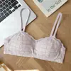 Personalização Sutiã de Renda Jacquard Xadrez de Algodão Sem Fio para Seios Pequenos Push-up Suporte Lateral Anti-Queda Roupa Íntima