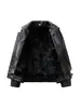 Jaqueta de couro masculina preta com gola virada, corte solto, casaco casual, forrada com fleece para aquecimento, estilo motociclista, design moderno