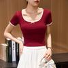 # 260g Ecocos, Qualidade Genuína # Camiseta de Renda para Mulheres, Novo Estilo de Verão, Gola U, Laço, Mangas Curtas, Cor Contrastante, Top de Cintura Alta