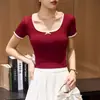 # 260g Youkesi Calidad Premium # Camiseta de Encaje para Mujer, Nuevo Estilo de Verano, Cuello Redondo, Moño, Mangas Cortas, Color de Contraste, Top de Cintura Alta