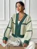 Cárdigan de Punto para Mujer de Comercio Exterior Ropa Europea y Americana Transfronteriza Abrigo de Otoño e Invierno Costura de Color Contrastante Corto Casual Holgado Tejido