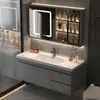 Gabinete de Banheiro Inteligente Bacia Integrada de Cerâmica Gabinete de Lavatório Simples Lavatório de Parede Estilo Luxo Leve de Madeira Maciça Gabinete de Lavatório