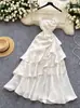 Vestido de Alça Longo com Babados de Alta Qualidade Francês Slim-fit Nicho Cintura Emagrecedor Elegante Vestido de Fada para Férias