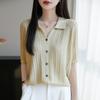 Cárdigan de punto con solapa de manga corta para mujer 2025 Primavera y Verano Nuevo Flor retorcida Holgado Combinable Color sólido Abrigo elegante