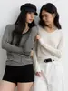 Camiseta básica de lana de acetato para mujer de otoño e invierno, camiseta de cuello en U de Tencel Lyocell estilo coreano, top de punto a rayas de manga larga ajustado