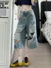 Pantalones vaqueros cropped lavados y rotos de estilo americano premium para mujer, verano 2026, corte holgado para cuerpo tipo pera, pantalones versátiles de pierna recta