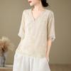 Real Shot Linen Top Verão Artístico Bordado V-Neck Moda Camisa Pequena Pulôver Plus Size Base Manga Curta Algodão Camisa De Linho