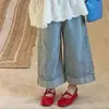 Conjunto de Ropa Estilo Coreano para Niñas Verano 2026 Nuevo Elegante Encaje Manga Corta Pantalones de Mezclilla Pierna Ancha Conjunto de Dos Piezas para Niñas