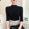 Tejido de Punto de Lana de Hilo Fino de una Sola Pieza Cuello Alto Medio 2026 Primavera/Verano Nuevo Color Sólido Canalé Ajustado Camiseta Básica