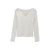 Camiseta básica blanca con cuello en V pequeño para mujer, nueva camiseta para principios de otoño de 2025, única y hermosa, elegante top de punto como capa interior para mujer