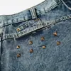 Shorts de Moda para Hombre Estilo Rock con Decoración de Remaches, Mezclilla Lavada Vintage, Corte Holgado Casual