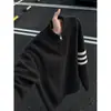 Tricô preguiçoso retrô meio casaco suéter masculino listrado gola alta zíper cinza americano outono 2027 preto