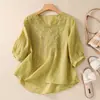 Elegante Top de Manga Corta Patchwork con Escote en V de Organza y Algodón-Lino, Nueva Camiseta Versátil Elegante Bordada de Verano para Mujer