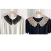 Chal de encaje con cuello de muñeca calado, blusa de mujer decorada con perlas, cuello postizo, sobrefalda estilo coreano