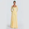 Amazon 2026 Otoño Nuevo Elegante Vestido Cuadrado de Manga Larga Ajustado con Cintura Fruncida y Falda Evasé para Mujer