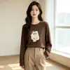 Camiseta base de Lyocell con cuello redondo y estampado para mujer, de manga larga, linda, adelgazante, de alta gama, cómoda, adecuada para primavera y otoño