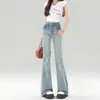 Jeans flare de cintura alta azul claro com stretch para mulheres, novo estilo da primavera 2026, emagrecimento para corpo tipo pera, calça longa flare