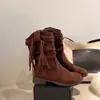 Botas Retrô de Tecido com Franjas, Botas de Cano Médio com Salto Grosso Emagrecedoras, Botas Egípcias, Novidade Outono e Inverno 2025 Botas Largas Emagrecedoras