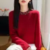 100% lã, nova coleção outono/inverno 2026, feminino, modelagem solta, gola redonda, adornado à mão com strass, suéter de tricô pulôver