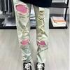 Calça Jeans Masculina Nova com Patch Rosa no Joelho, Calça Skinny Rasgada e Desgastada Amarela Lama Bonita, Calça Comprida Americana High Street