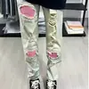Calça Jeans Masculina Nova com Patch Rosa no Joelho, Calça Skinny Rasgada e Desgastada Amarela Lama Bonita, Calça Comprida Americana High Street