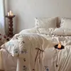 ¿Dormiste bien hoy? Juego de cuatro piezas tejido en color de algodón y lino bordado, amigable con la piel y transpirable, funda de edredón de lino y algodón puro, sábana bajera, ropa de cama