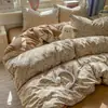 Juego de ropa de cama a rayas de cuatro piezas de algodón de grado A, funda de edredón individual de gasa de doble capa de algodón puro, juego de tres piezas de sábana para cama de dormitorio de estudiante, sábana bajera 4