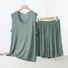 Conjunto de dos piezas para mujer de modal con cuello en V, top sin mangas y shorts, fino de verano, talla grande, nuevo, holgado, conjunto para casa
