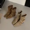 Botines de Tacón Grueso Estilo Coreano con Terciopelo Plus para Mujer 2026 Primavera/Otoño Nuevos Botas Vaqueras Occidentales de Punta Cuadrada Botas Adelgazantes de Media Caña con Hebilla de Cinturón
