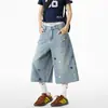 Calça Jeans Cropped Colorida com Botões Estilo Retrô Americano para Mulheres, Nova para o Verão, Fina, Solta, Reta, de Perna Larga, Comprimento 7/8