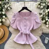 Camisa Versátil Solta Elegante Estilo Francês com Decote Quadrado de Manga Curta para Mulheres, Adequada para o Trabalho, com um Design que Marca a Cintura que Valoriza a Figura e Adiciona um Toque de Elegância, Top de Botão Único