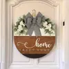 Cartel de Bienvenida a Casa de Madera Popular Transfronterizo con Lazo Rayado Cartel para Puerta Colgante para Exteriores Decoración de Flores Blancas de Primavera
