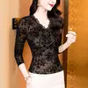 Camiseta Base de Malla de Terciopelo Negro de Comercio Exterior Original, Top de Manga Larga con Escote en V y Encaje Empalmado, Artículo Caliente Transfronterizo 2026