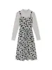 [Ponto de veludo alemão quatro lados bala] vestido floral falso de duas peças feminino primavera e outono novo nicho slim comprimento médio