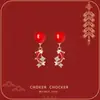 "Lleno de Bendiciones" Bolsa de la Suerte Borla Pendientes Largos Danza del León Rojo Año Nuevo 2026 Pendientes Clips para Orejas Accesorios de Oreja para Boda