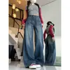 Jeans Azul Vintage Estilo Americano Plus Size para Mulheres, Temporada de Primavera, Cintura Alta Solta, Calças Retas Emagrecedoras Wide-Leg Comprimento Total, Tendência