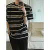 Camiseta listrada curta de manga curta estilo retrô americano preto e branco para homens, marca da moda, algodão puro, estilo casual, oversized, nova para o verão de meia manga