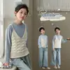Conjunto para Meninas Primavera 2026 Nova Roupa Infantil Início da Primavera Estilo Coreano Conjunto Outono e Primavera Colete de Tricô Calça Reta Jeans