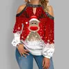 Moda Navideña Europea y Americana Nueva 2022 Estampado de Alce Hombros Descubiertos Top Camiseta de Manga Larga Casual Cuello Redondo Ropa para Mujer
