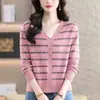 Cárdigan de punto a rayas con cuello de 26V, nuevo estilo primavera/otoño, moderno, talla grande, corte holgado, adelgazante y rejuvenecedor, abrigo suéter