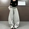 Calça de Moletom Patchwork com Letras Feminina Outono Inverno Nova Cintura Elástica Perna Reta Emagrecedora Calça Esportiva Solta Versátil Casual Calça de Perna Curva