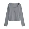 Camisa Henley gris estilo americano para mujer, capa base de otoño, camiseta de manga larga ajustada y ceñida con hombros normales