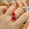 Anel Feminino Vintage Francês Estilo Meio do Século Pedra Dupla Corindo Vermelho Ins Fileira Dupla Completo Diamante Alto Carbono Imitação Espinélio Azul