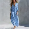 Vestido camisa texturizado listrado azul e branco para 2026, estilo praia casual solto com gola de lapela e mangas dobráveis, roupas femininas para férias