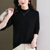 Gola Alta Meia, Manga Média, Blusa Feminina Elegante, Manga 3/4, Novo Estilo Primavera/Verão 2026, Camiseta Fina de Manga Meia para Mães Plus Size