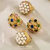 Anillo con Diseño de Granada de Nuevo Estilo Transfronterizo Europeo y Americano Incrustado con Perla de Imitación Anillo de Acero Inoxidable Personalizado con Piedra de Vidrio de Color Joyería para Mujer