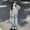 Conjunto Duas Peças Novo para Meninas Primavera/Outono Estilo Coreano Doce Renda Gola Polo Moletom Desenho Animado Fofo Jeans