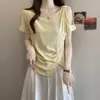 Nova Camiseta de Verão 2026 Estilo Coreano Versátil Gola Redonda Ombro a Ombro Manga Curta para Mulheres com Design Elegante de Cintura Franzida
